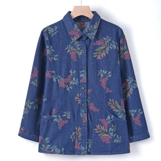 Middle-aged mother's spring and autumn clothing shirt jacket middle-aged and elderly women's printed denim top grandma's summer large size denim blue L (recommended 100Jin Jin equals within 0.5 kg)
