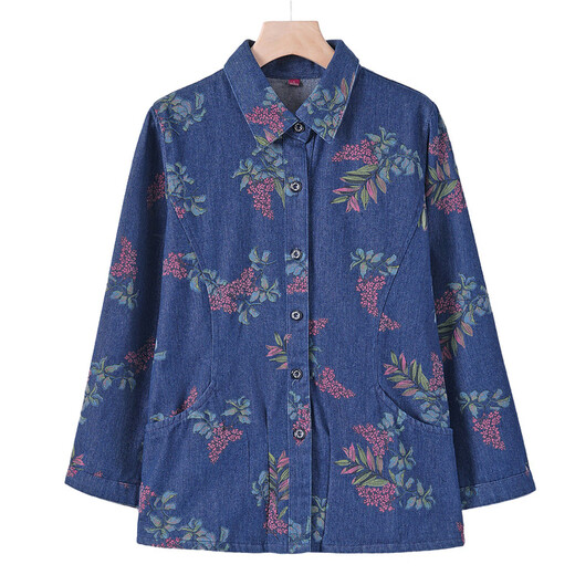 Middle-aged mother's spring and autumn clothing shirt jacket middle-aged and elderly women's printed denim top grandma's summer large size denim blue L (recommended 100Jin Jin equals within 0.5 kg)