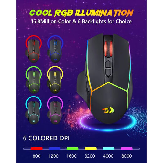 Red Dragon (REDRAGON) souris de jeu sans fil rechargeable programmable rétroéclairage RVB trois modes 2,4 G/USB-C/Bluetooth souris de jeu ergonomique 8 000 DPI veille automatique 250 heures d'autonomie pour ordinateur portable, PC et Mac