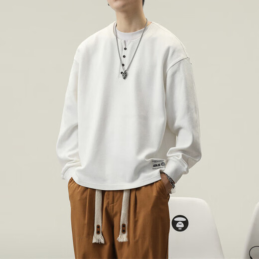 OLJ international first-line big-name sweatshirt men's autumn pure cotton long-sleeved T-shirt loose casual Henry collar bottoming shirt top black M suitable for 110-130Jin Jin equals 0.5 kg