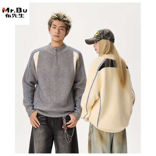 Mr. Bu couple's clothing autumn and winter American retro splicing contrasting sweaters Henry collar half-zip warm sweaters men's and women's jackets Beige M