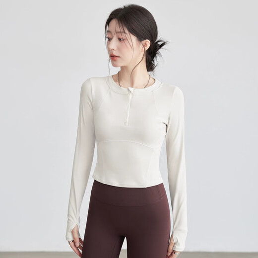 Bright dip autumn and winter yoga fitness running long-sleeved slimming high-end half-zip Pilates yoga clothing top for women apricot S