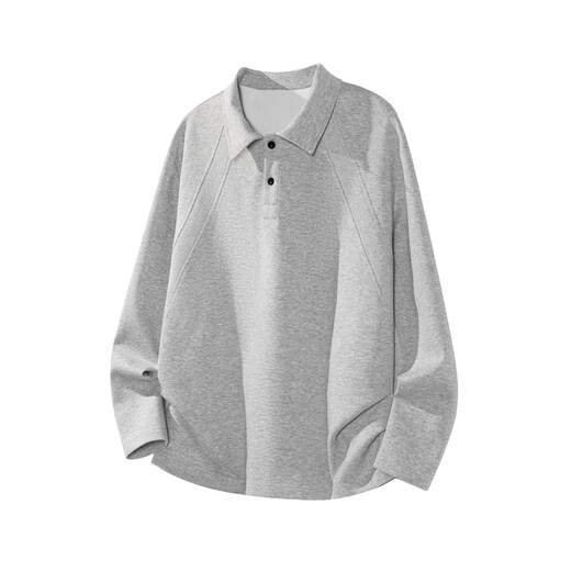 Pierre Cardin threaded splicing plus velvet Henry collar long-sleeved sweatshirt for men winter warm heavyweight polo shirt American style inner layering shirt white gray M