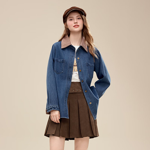 Betu Women's 2025 Winter New Shirt Color Block Collar High-Quality Comfortable Cotton Long-Sleeved Top Women 2511X02 Blue S