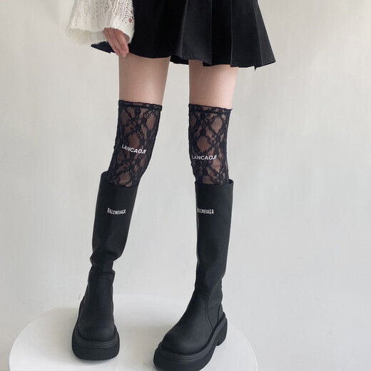 2023 Spring and Autumn New Style Letter Embroidered LOGO Lace Stockings Pile Calf Socks Women's Over-the-Knee High Socks Boot Socks White