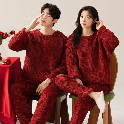 Victoria style suit wedding couple autumn and winter pajamas red autumn and winter thickened animal year plus velvet wedding home clothes coral two sets 7500 M female + male L