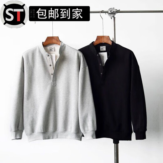 Shantou Lincun Hangzhou ASUS men's clothing Japanese retro autumn and winter men's Henry collar long-sleeved T-shirt bottoming shirt loose casual set QS-T88 black main picture 3XL