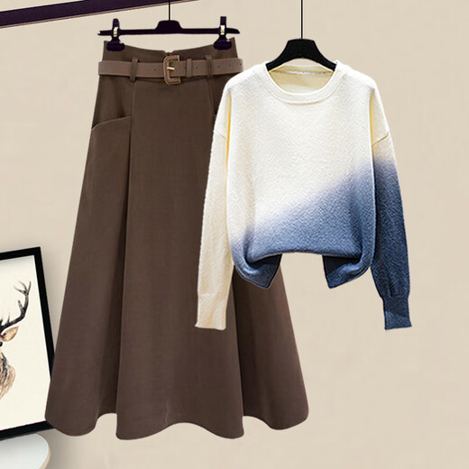 La Chapelle retro Maillard design gradient sweater sweater skirt suit for women 2025 autumn and winter new two-piece set gray blue sweater + brown skirt 2XL