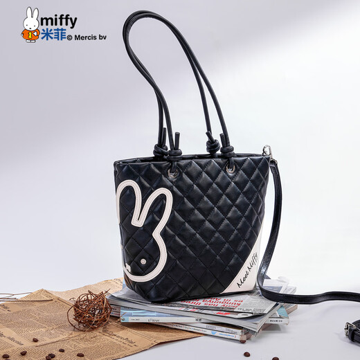 Miffy ring tote bag, fashionable and versatile handbag, high-end bucket bag, birthday gift with zipper, black with white small size