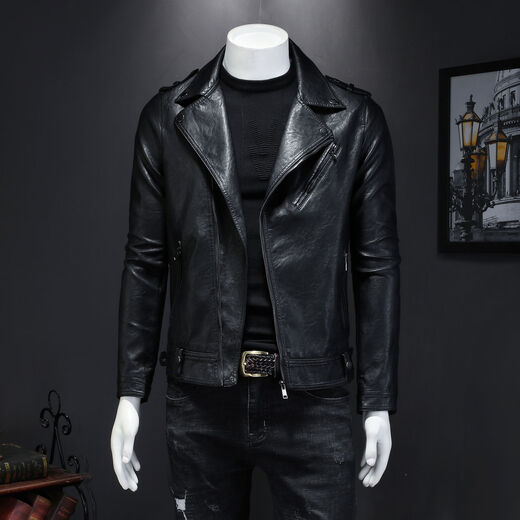 Motorcycle Soft Leather Jacket Men's Trendy Jacket Lapel Cycling Slim Korean Style Handsome Haining Street Rock Harley Black Regular Style M M