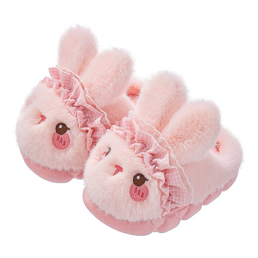 Autumn and winter children's cotton slippers for girls, warm plus velvet rabbit, cute furry parent-child home baby bag with cotton shoes, pink slippers, size 32 33 (shoe length 19CM, suitable for feet 18CM)