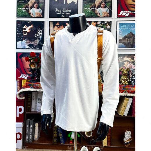 Jiaojing Henry collar sweatshirt men's white v-neck bottoming shirt autumn and winter double-sided German velvet inner long-sleeved T-shirt top black 3XL