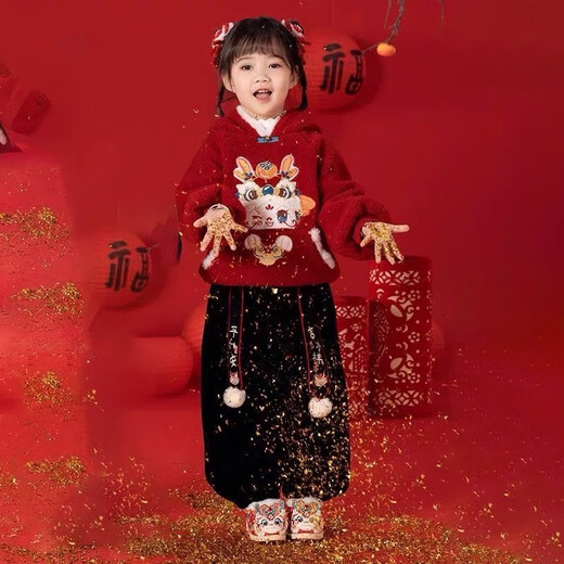 Boys and girls winter New Year's greeting suit 2025 new Year of the Snake plus velvet thickened sweatshirt festive performance suit two-piece set red suit 140 cm