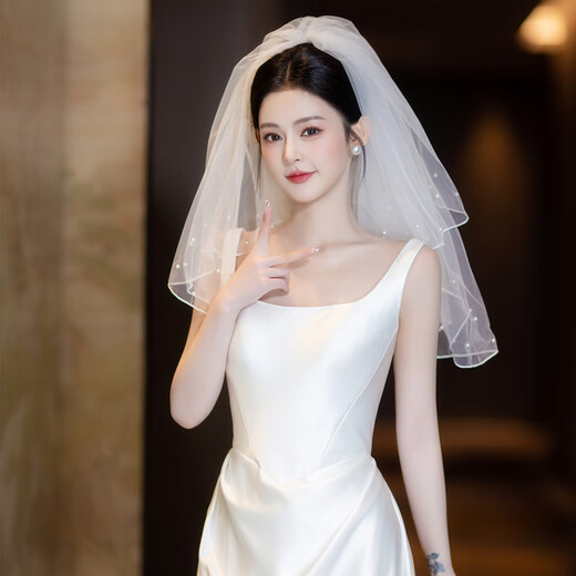 ROAR UTHAUG white imitation pearl double layer short fluffy wedding veil photo props bride wedding certificate veil white new short pearl veil