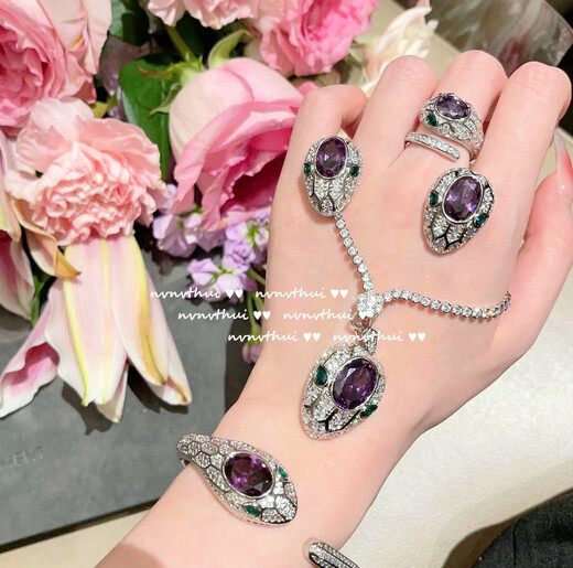 Cinderella purple tanzanite gemstone snake bracelet antique style 18K gold plated zircon snake necklace 327YO pink and purple artificial chalcedony cabochon zircon open ring without box