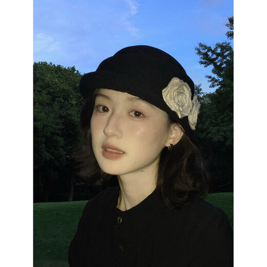 Guiqi Hepburn style top hat French retro camellia curled elegant gold style beret temperament fisherman hat basin hat black double rice flower