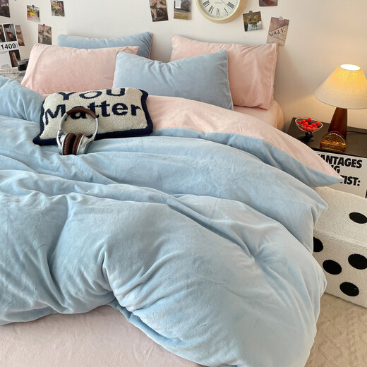 Yalu winter milk velvet quilt cover single piece thickened warm double-sided velvet quilt cover 1.5x2m student dormitory bedding baby blue + pink jade double-sided warm velvet skin-friendly and delicate 2.0m bed sheet style four-piece set - quilt cover 220x240cm