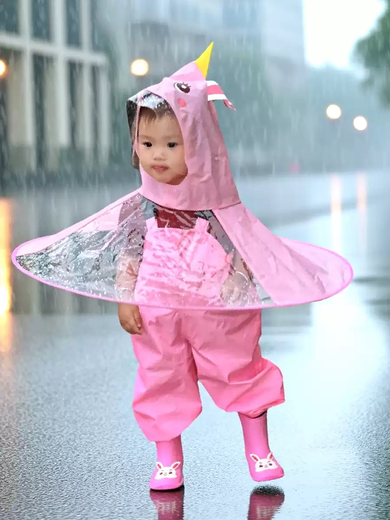 Fantasy Children's Raincoat and Rain Boots Set Little Yellow Duck Cape Style Umbrella Hat Boy 1 Year Old 2 Baby Kindergarten Girl Rain Pants Set One-piece Yellow Raincoat + Overalls Rain Boots S S