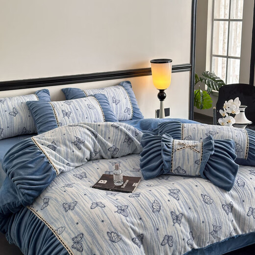 Belles Mercury Home Textiles Autumn and Winter Thickened Warm Baby Milk Velvet Four-piece Set French Retro Style Printed Coral Velvet Quilt Cover Butterfly Flying - Bentley Blue Sheet Type 1.5m Four-piece Set