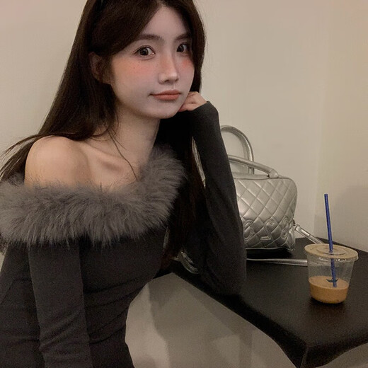 Junyao gray tight-fitting sexy bottoming shirt for women to wear inside and outside for autumn and winter new style high-end one-shoulder pure desire top Gray off-shoulder oblique shoulder fur edge slim pure desire bottoming shirt L Recommended 80-118Jin Jin is equal to 0.5 kg