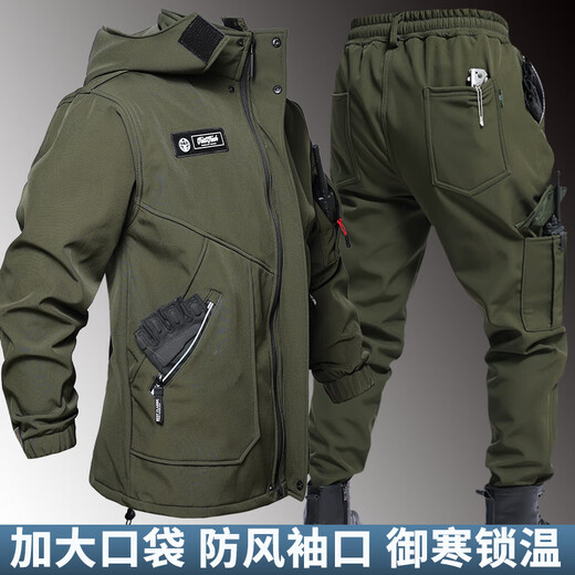 Camel autumn and winter velvet waterproof jacket, wind-resistant and warm soft-shell combat clothing, fishing and riding warm labor protection work clothes H style_9968_waterproof velvet jacket suit_black 170