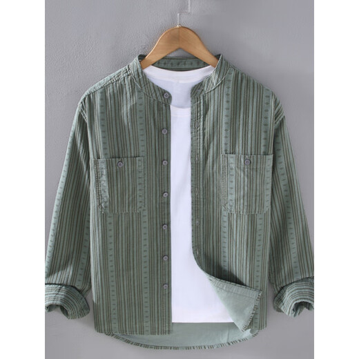 Capti Henry collar striped long-sleeved shirt men's spring and autumn trendy casual all-match shirt jacket men's inch shirt top Khaki M