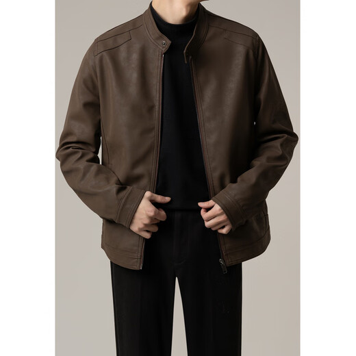 Falling men's style stand collar pu leather jacket men's spring and autumn Korean style light mature style casual leather jacket top trend coffee color 4XL weight 170-185Jin Jin is equal to 0.5 kg