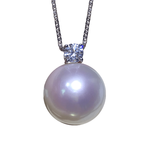 Everlasting Leaf Natural Edison Pearl Pendant, Round and High-Light 18K Gold Zircon Princess Style, Comparable to Australian White Seawater Pearls 18 12-13mm