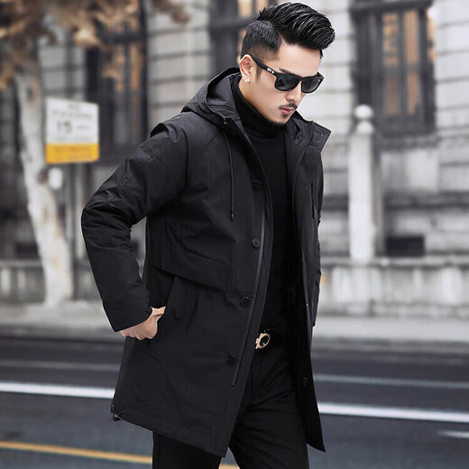 柒牌商柜同款春秋男士风衣中长款连帽服商务翻领休闲派克服青年男装 黑色 L 175