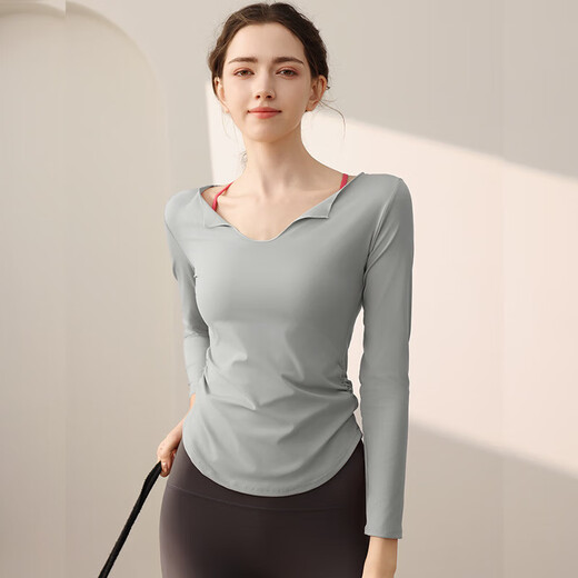 Yoga wear women's long-sleeved T-shirt temperament U-neck waist slimming sports long-sleeved Pilates training fitness top coral pink L