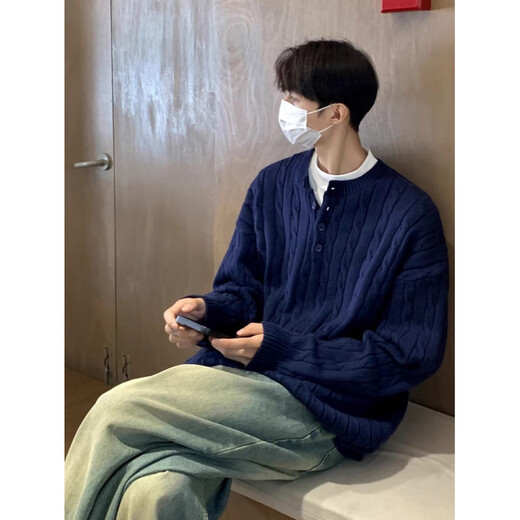 Rich collar Henry collar men's sweater winter thickened American retro American sweater men's high bottom lazy style knitted gray S