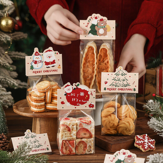 Bad Fox Christmas Cookie Packaging Bag Card Transparent Cookie Snowflake Crispy Glutinous Rice Boat Candy Snack Packing Bag 100 Sets Apple Bear + Flat Pocket