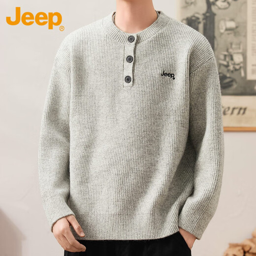 Jeep (JEEP) Casual Sweater Men's 2025 Autumn and Winter Henley Neck Sweater Trendy Brand Loose Sweater Men 25005 Light Gray Jeep Official M_90-110Jin Jin equals 0.5 kg