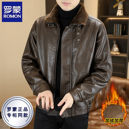 ROMON leather jacket men's winter fur integrated velvet thickened warm and cold-proof fashion versatile motorcycle jacket for men black XL recommended 110-130Jin Jin equals 0.5 kg