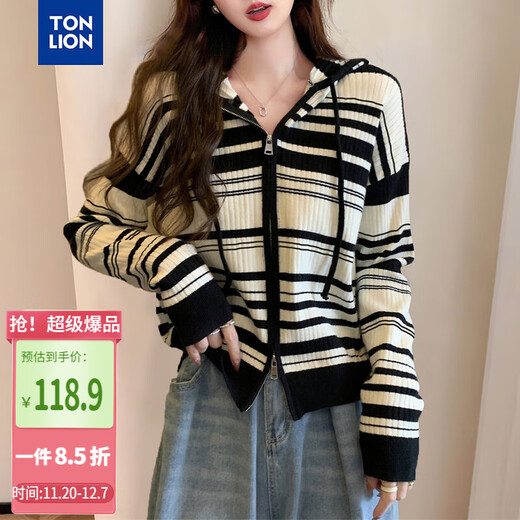 TonLion 2025 autumn and winter age-reducing striped double-ended zipper hooded knitted cardigan women's coat high-end sweater