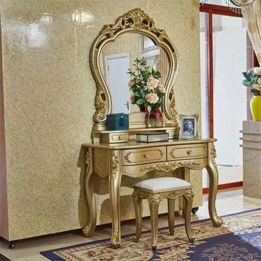 Champagne gold European style dressing table bedroom small apartment Internet celebrity princess rich gold simple dressing table mirror 1 meter champagne gold round mirror dressing table + makeup stool