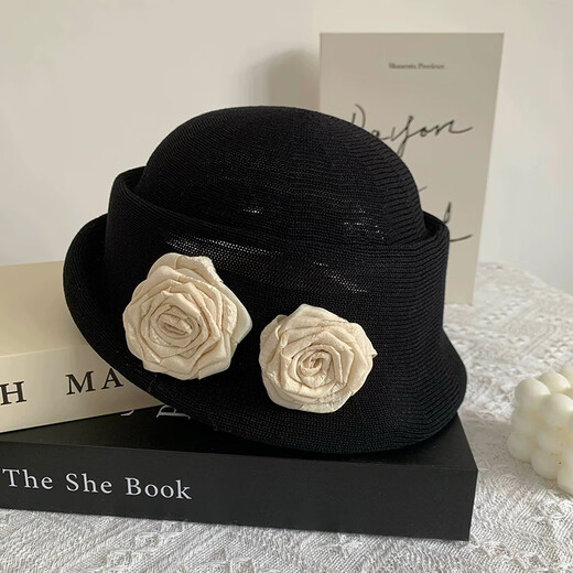 Guiqi Hepburn style top hat French retro camellia curled elegant gold style beret temperament fisherman hat basin hat black double rice flower