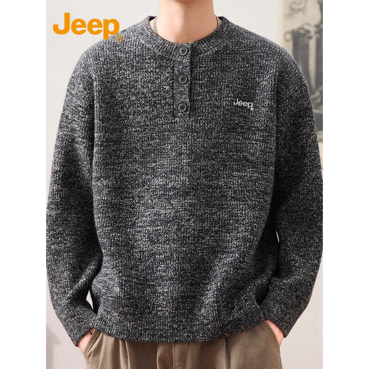 Jeep (JEEP) Casual Sweater Men's 2025 Autumn and Winter Henley Neck Sweater Trendy Brand Loose Sweater Men 25005 Light Gray Jeep Official M_90-110Jin Jin equals 0.5 kg