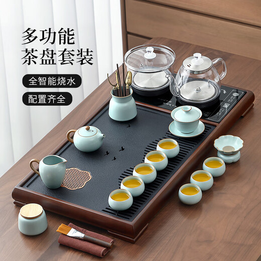 Tangfeng tea set with tea tray, household high-end automatic tea table kettle, integrated tea maker, full set of teapots and cups, Tengshan tea tray + Liming water boiler + Tianqing Xishi pot 14 heads + Tianyuan (impulse model)