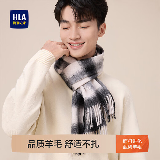 Heilan House Men's Pure Wool Scarf Fashion Plaid Scarf Versatile Autumn and Winter Warmth, Cold and Windproof Outdoor Black and Gray Plaid