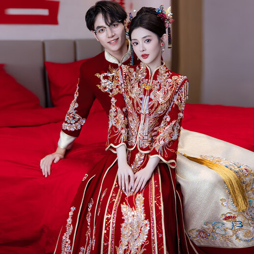 ROAR UTHAUG Xiuhe clothing bride dragon and phoenix hanging 2025 new wedding toast dress wedding dress out of the pavilion slim dress skirt XH1721 Xifeng no headdress S