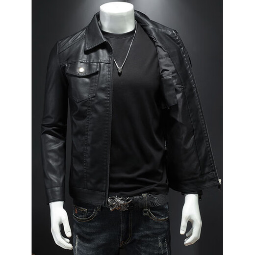 ARMANI EXCHANGE Armani black short leather jacket men's motorcycle style leather jacket fashion new autumn and winter retro lapel leather black plus velvet L 110-130Jin Jin equals 0.5 kg