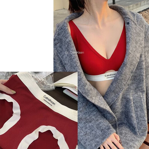CK women's underwear lucky red underwear soft pull-up seamless semi-fixed deep V small chest push-up shock-proof sports suit cinnabar red suit M suitable for 32_70ABC