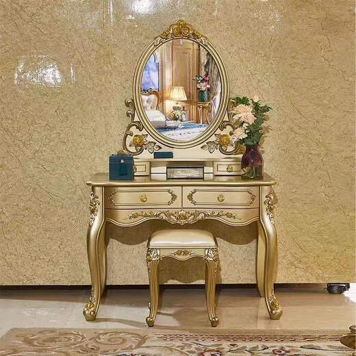 Champagne gold European style dressing table bedroom small apartment Internet celebrity princess rich gold simple dressing table mirror 1 meter champagne gold round mirror dressing table + makeup stool