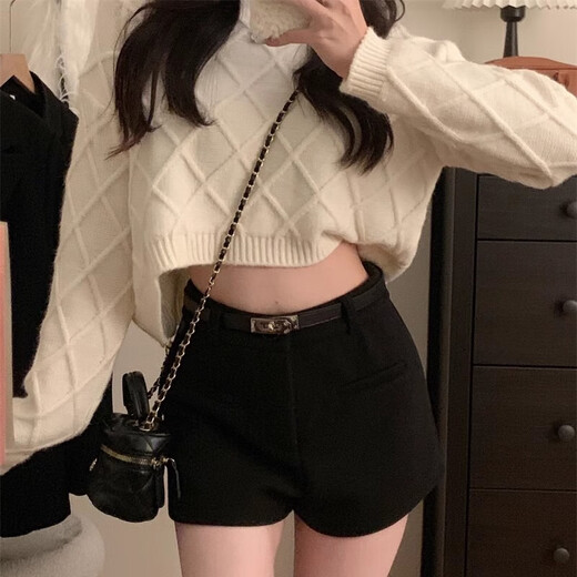 FOX.G Black Woolen Shorts Women's Autumn and Winter Outer Wear Women's 2025 New High Waisted A-Line Casual Leggings Hot Pants Double Pocket Woolen Shorts Black No Belt M Recommended 105 Jin Jin equals within 0.5 kg