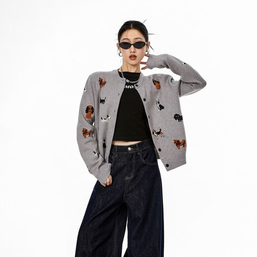 ICH MODE American knitted sweater cardigan women's autumn and winter sweater light luxury jacket top base layer short lazy style gray L