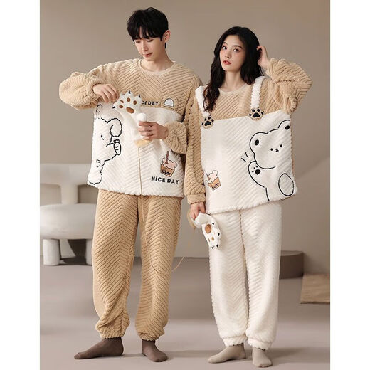 Victoria's style couple's pajamas winter coral velvet thickened and warm one man and one woman cartoon cute home wear outer suit LN9018 M women's + men's L