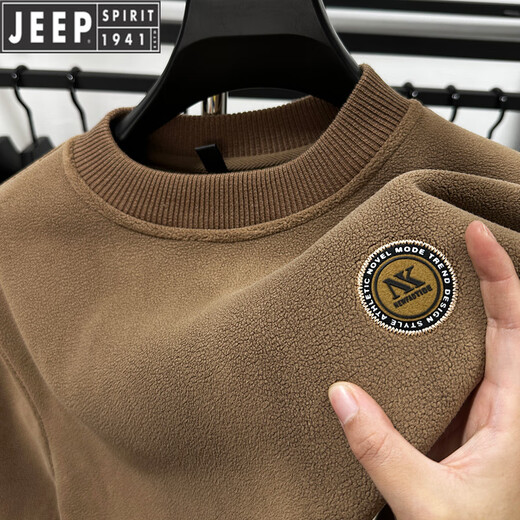 JEEP Heavy Thick Polar Fleece Sweater Men's Winter 2026 New Fleece Bottoming Shirt Men's Round Neck Warm Plus Velvet Inner Camel 2XL /180