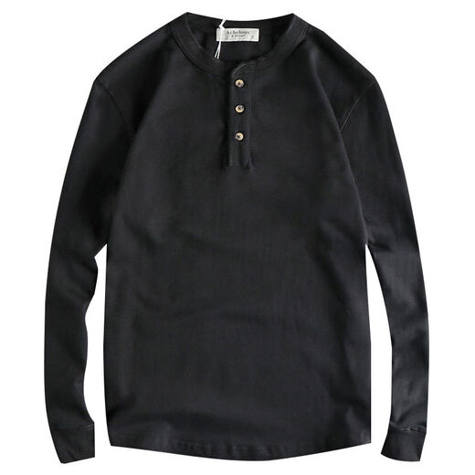 Hong Kong purchasing American retro high-weight knitted versatile henley collar long-sleeved men's T-shirt solid color spring and autumn bottoming shirt black S S100-120Jin Jin is equal to 0.5 kg