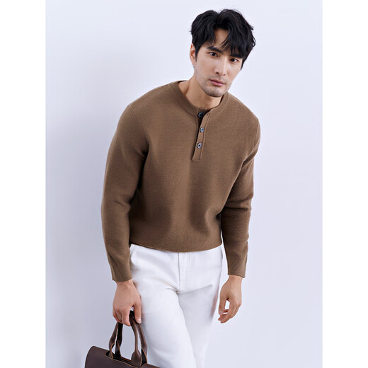 Autumn and winter warm and high-end Henry collar wool knitted bottoming shirt men's business casual pullover low-neck sweater for men earth brown M